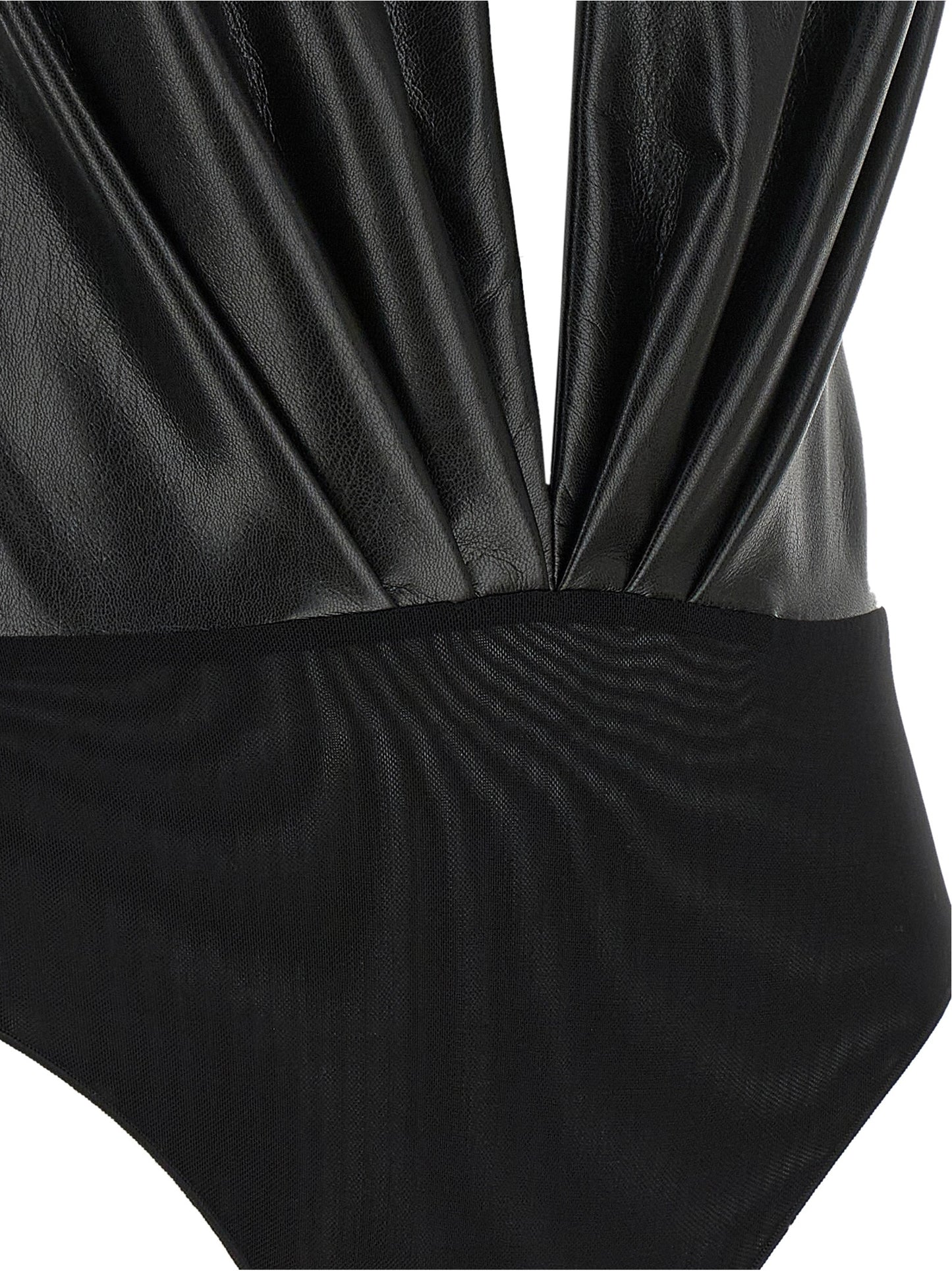 Bodysuit by The Andamane for women in polyester leather black, transparent & patterned features an provocative silhouette, showcasing a sophisticated and provocative for a refined, provocative look.