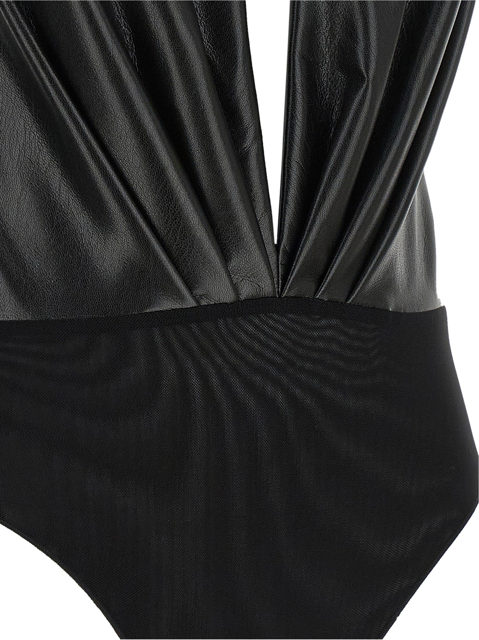 Bodysuit by The Andamane for women in polyester leather black, transparent & patterned features an provocative silhouette, showcasing a sophisticated and provocative for a refined, provocative look.