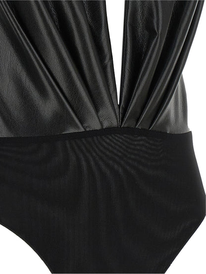 Bodysuit by The Andamane for women in polyester leather black, transparent & patterned features an provocative silhouette, showcasing a sophisticated and provocative for a refined, provocative look.