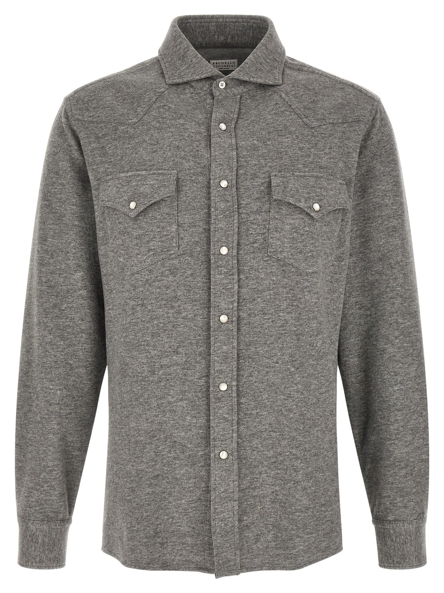Shirt by Brunello Cucinelli for men in cotton & cashmere gray showcases a sublime silhouette, artfully detailed with a sublime and for a sophisticated, sublime finish.