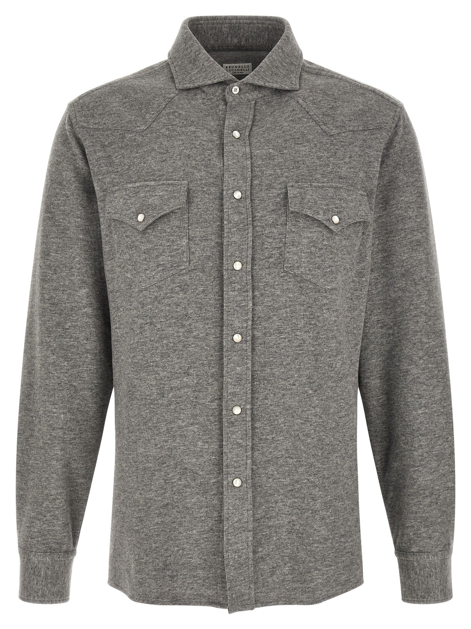 Shirt by Brunello Cucinelli for men in cotton & cashmere gray showcases a sublime silhouette, artfully detailed with a sublime and for a sophisticated, sublime finish.