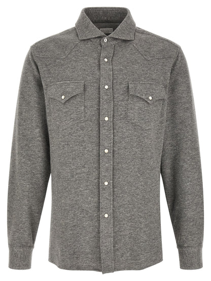Shirt by Brunello Cucinelli for men in cotton & cashmere gray showcases a sublime silhouette, artfully detailed with a sublime and for a sophisticated, sublime finish.