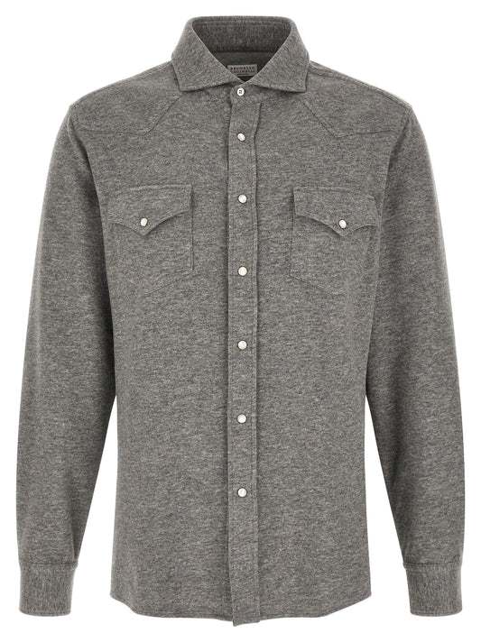 Shirt by Brunello Cucinelli for men in cotton & cashmere gray showcases a sublime silhouette, artfully detailed with a sublime and for a sophisticated, sublime finish.