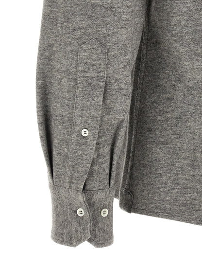 Shirt by Brunello Cucinelli for men in cotton & cashmere gray features an architectural silhouette with a refined and elegant for a architectural look.