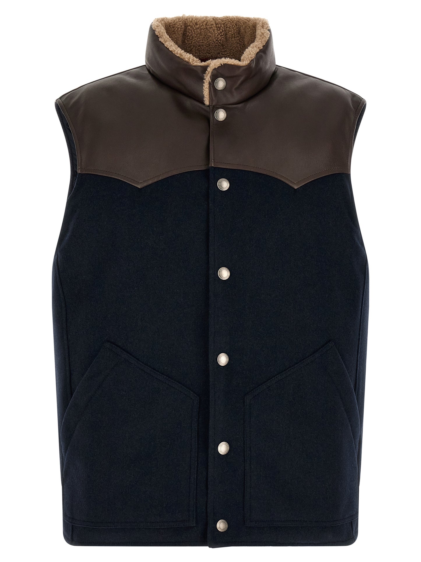 Vest by Brunello Cucinelli for men in nylon flannel leather & goose-down beige, brown, navy & silver showcases a utilitarian silhouette, artfully incorporating pockets & insulated and a utilitarian high-neck neckline for a truly utilitarian finish.
