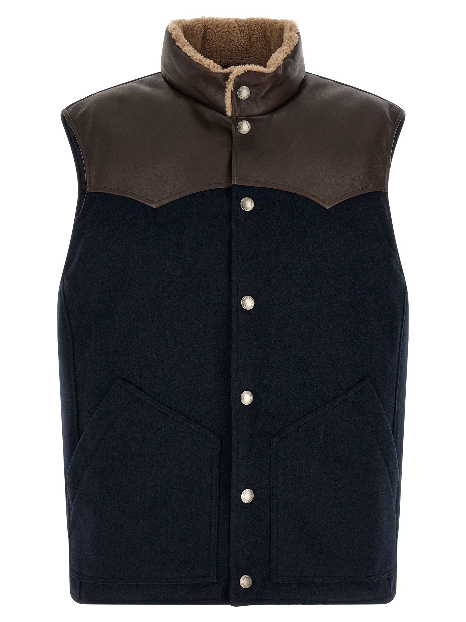 Vest by Brunello Cucinelli for men in nylon flannel leather & goose-down beige, brown, navy & silver showcases a utilitarian silhouette, artfully incorporating pockets & insulated and a utilitarian high-neck neckline for a truly utilitarian finish.