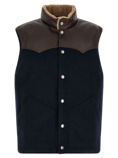 Vest by Brunello Cucinelli for men in nylon flannel leather & goose-down beige, brown, navy & silver showcases a utilitarian silhouette, artfully incorporating pockets & insulated and a utilitarian high-neck neckline for a truly utilitarian finish.