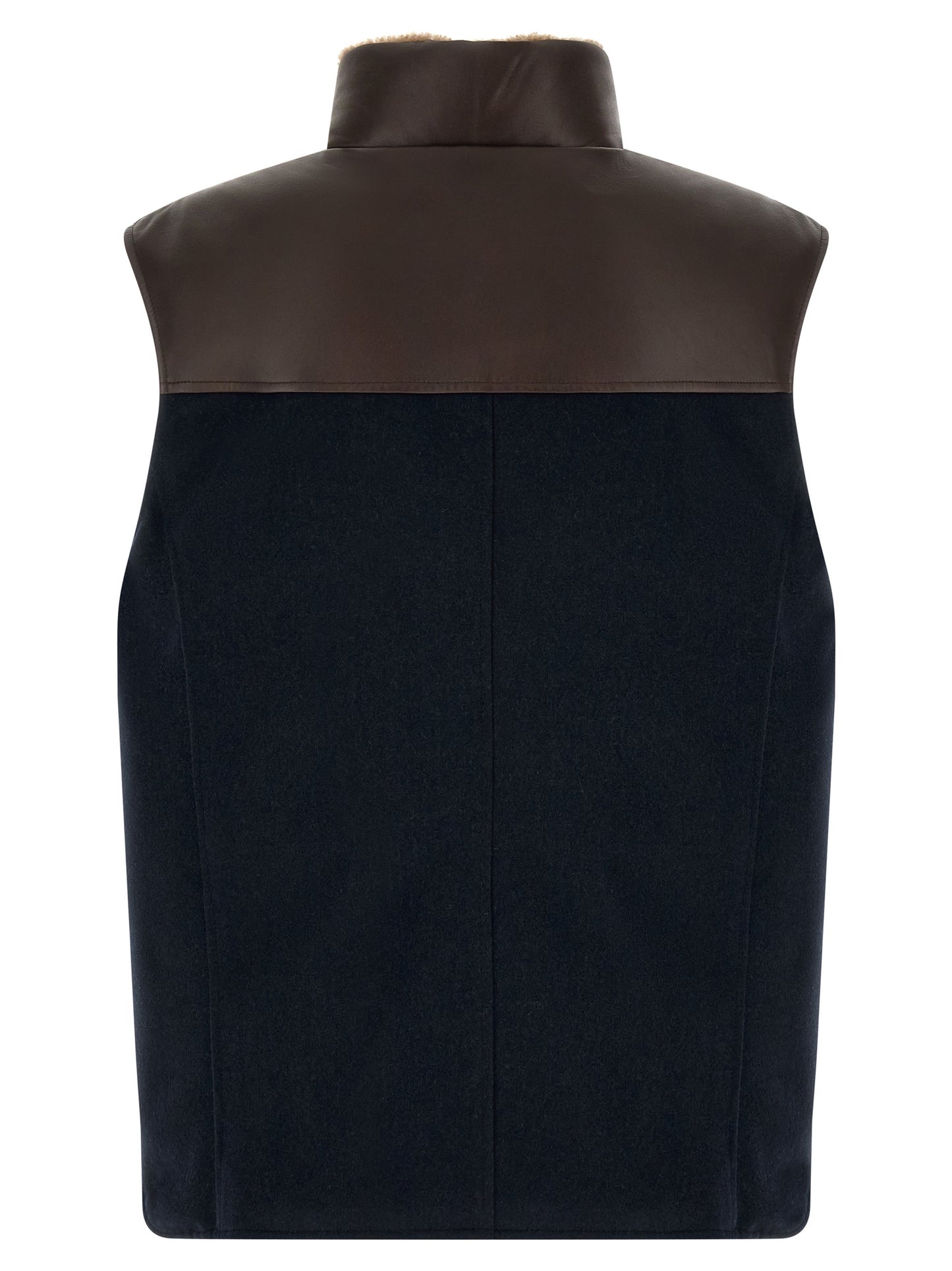 Vest by Brunello Cucinelli for men in nylon flannel leather & goose-down beige, brown, navy & silver features a stylish silhouette, showcasing distinct pockets & insulated and a refined high-neck neckline for a truly stylish finish.