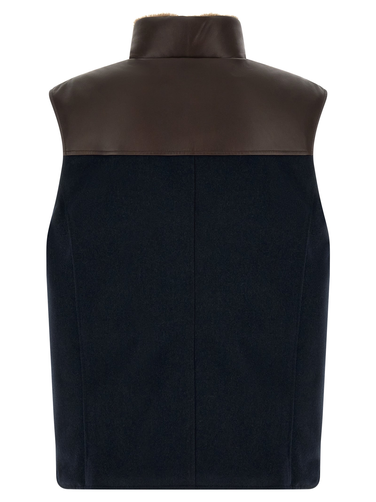 Vest by Brunello Cucinelli for men in nylon flannel leather & goose-down beige, brown, navy & silver features a stylish silhouette, showcasing distinct pockets & insulated and a refined high-neck neckline for a truly stylish finish.