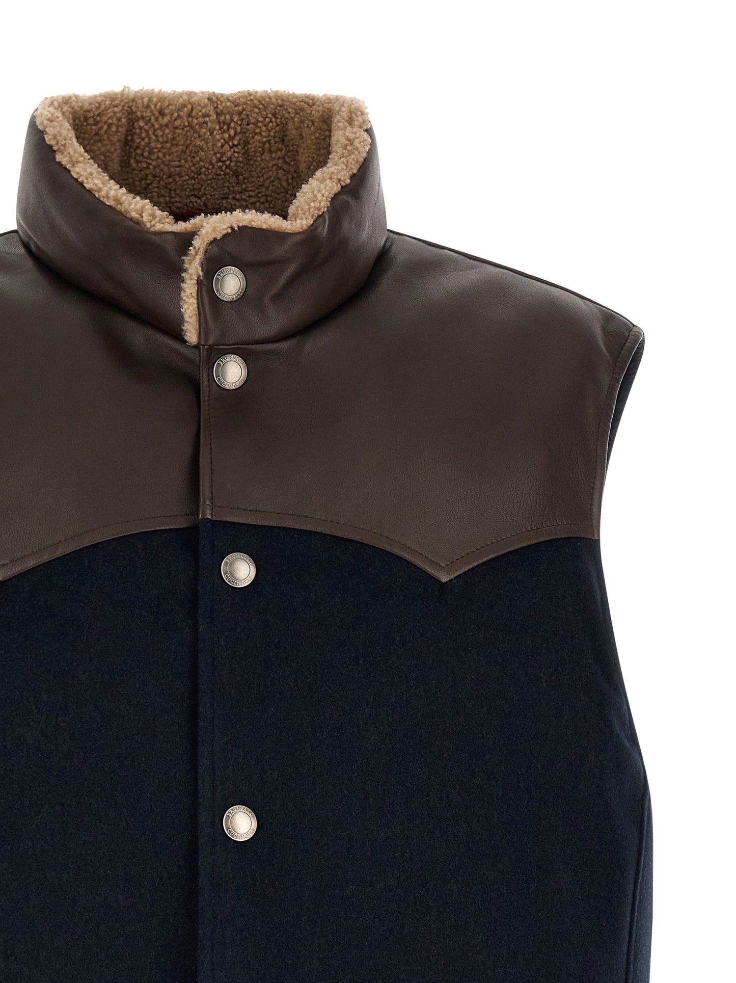 Vest by Brunello Cucinelli for men in nylon flannel leather & goose-down beige, brown, navy & silver features an contemporary silhouette, showcasing refined pockets & insulated and a contemporary high-neck neckline for a sophisticated layered look.