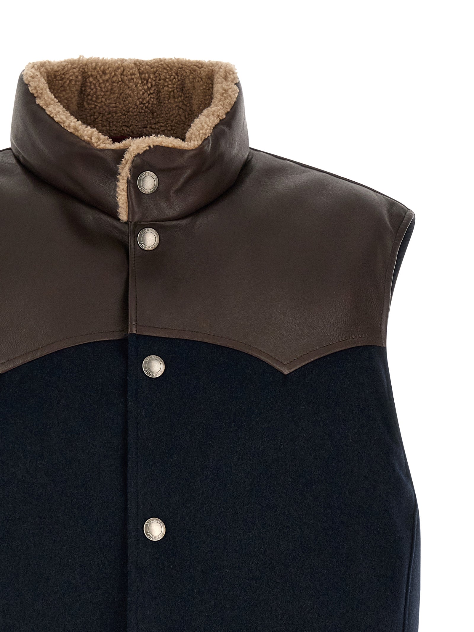 Vest by Brunello Cucinelli for men in nylon flannel leather & goose-down beige, brown, navy & silver features an contemporary silhouette, showcasing refined pockets & insulated and a contemporary high-neck neckline for a sophisticated layered look.