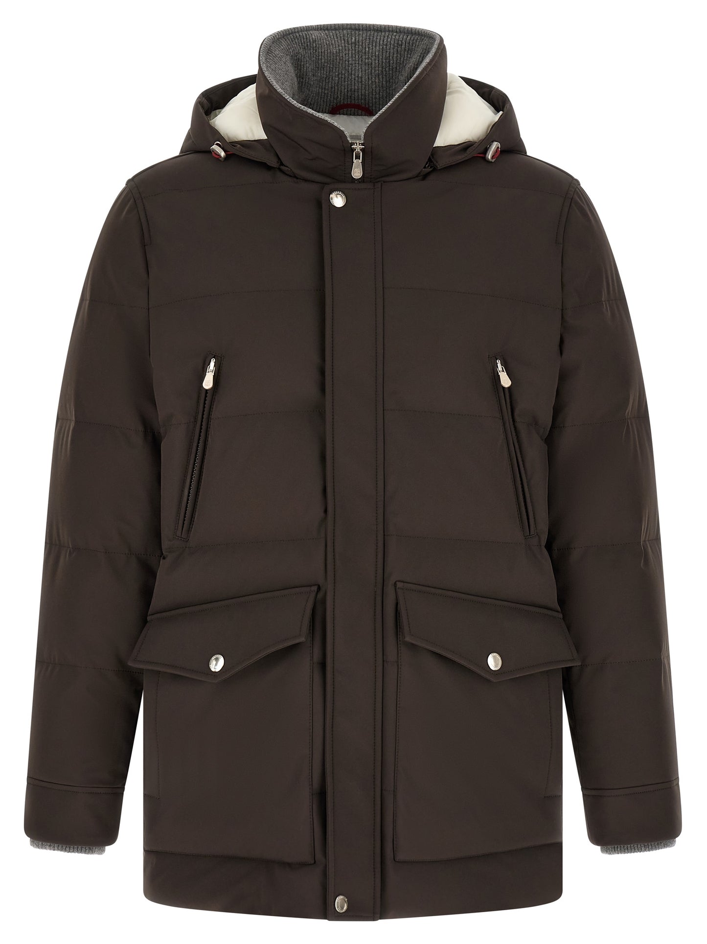 Hooded Parka by Brunello Cucinelli for men in nylon & goose-down brown, gray & silver features a stylish silhouette, meticulously detailed with a sophisticated hooded split high-neck neckline and functional thermal, pockets, hooded & insulated for a stylish finish.