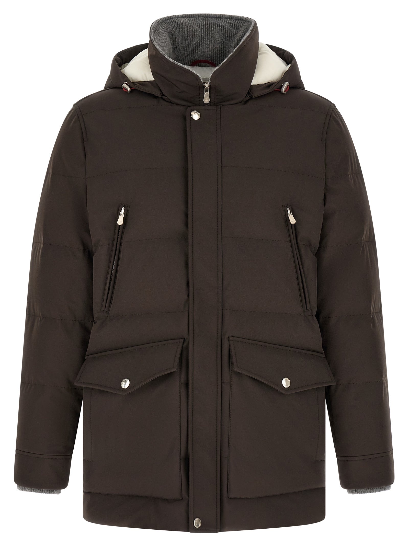 Hooded Parka by Brunello Cucinelli for men in nylon & goose-down brown, gray & silver features a stylish silhouette, meticulously detailed with a sophisticated hooded split high-neck neckline and functional thermal, pockets, hooded & insulated for a stylish finish.
