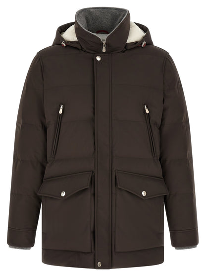 Hooded Parka by Brunello Cucinelli for men in nylon & goose-down brown, gray & silver features a stylish silhouette, meticulously detailed with a sophisticated hooded split high-neck neckline and functional thermal, pockets, hooded & insulated for a stylish finish.