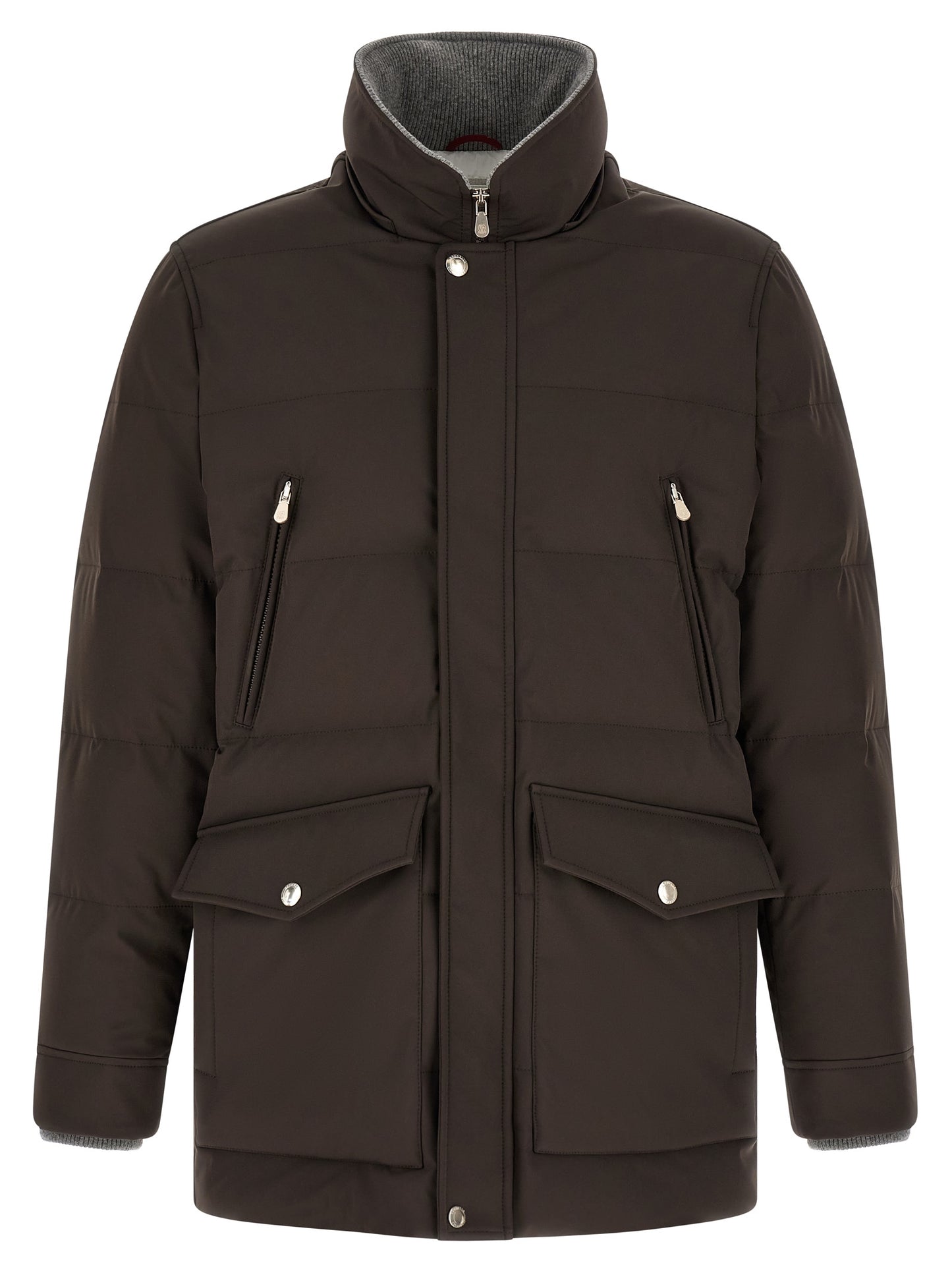 This Hooded Parka by Brunello Cucinelli for men in nylon & goose-down brown, gray & silver presents a enveloping silhouette, meticulously detailed with thermal, pockets, hooded & insulated and a enveloping hooded split high-neck neckline.