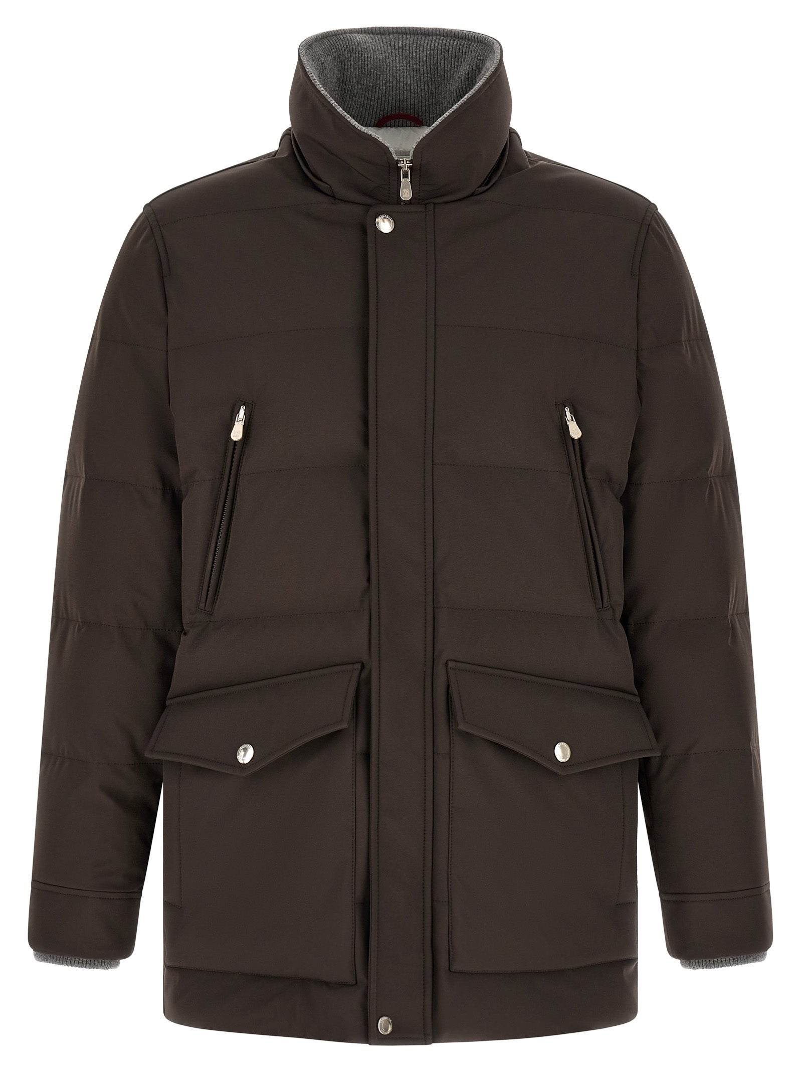 This Hooded Parka by Brunello Cucinelli for men in nylon & goose-down brown, gray & silver presents a enveloping silhouette, meticulously detailed with thermal, pockets, hooded & insulated and a enveloping hooded split high-neck neckline.
