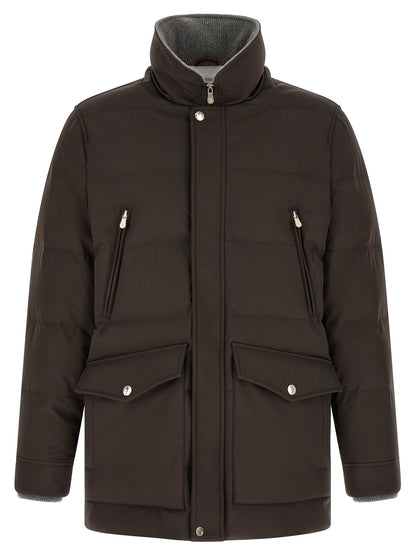 This Hooded Parka by Brunello Cucinelli for men in nylon & goose-down brown, gray & silver presents a enveloping silhouette, meticulously detailed with thermal, pockets, hooded & insulated and a enveloping hooded split high-neck neckline.