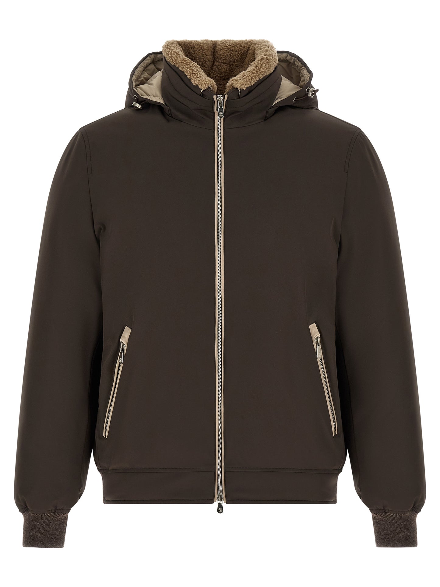 Hooded Puffer Jacket by Brunello Cucinelli for men in nylon goose-down cashmere & lambskin leather brown features an on trend silhouette, showcasing refined thermal, pockets, hooded & insulated and a sophisticated hooded neckline for a truly on trend finish.