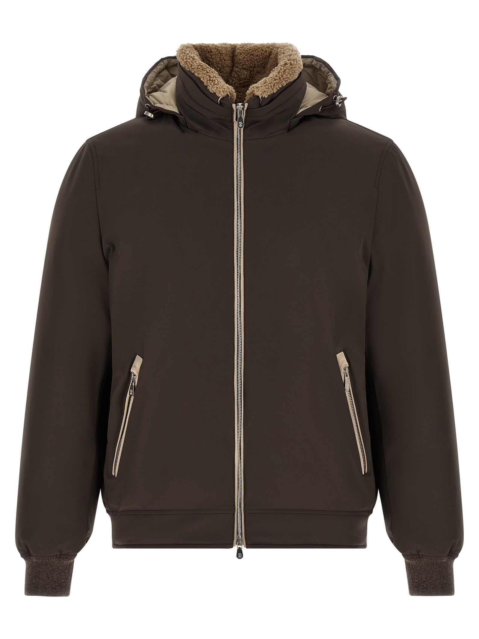 Hooded Puffer Jacket by Brunello Cucinelli for men in nylon goose-down cashmere & lambskin leather brown features an on trend silhouette, showcasing refined thermal, pockets, hooded & insulated and a sophisticated hooded neckline for a truly on trend finish.