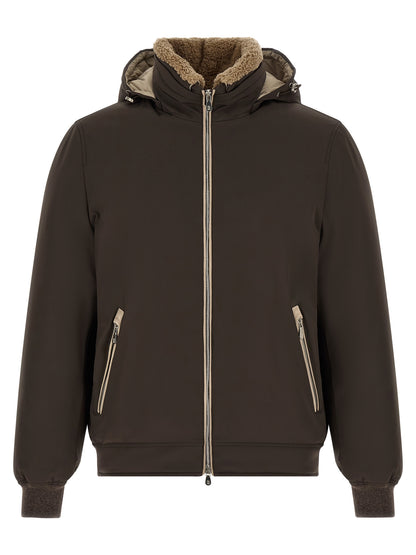 Hooded Puffer Jacket by Brunello Cucinelli for men in nylon goose-down cashmere & lambskin leather brown features an on trend silhouette, showcasing refined thermal, pockets, hooded & insulated and a sophisticated hooded neckline for a truly on trend finish.