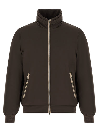 This Hooded Puffer Jacket by Brunello Cucinelli for men in nylon goose-down cashmere & lambskin leather brown exhibits a edgy silhouette, meticulously detailed with functional thermal, pockets, hooded & insulated and a edgy hooded neckline for a edgy finish.