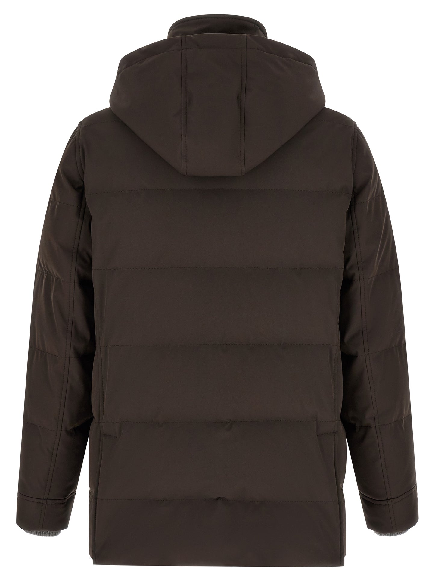 This Hooded Parka by Brunello Cucinelli for men in nylon & goose-down brown, gray & silver presents a utilitarian silhouette, meticulously detailed with thermal, pockets, hooded & insulated and a utilitarian hooded split high-neck neckline for a sophisticated, weather-ready look.