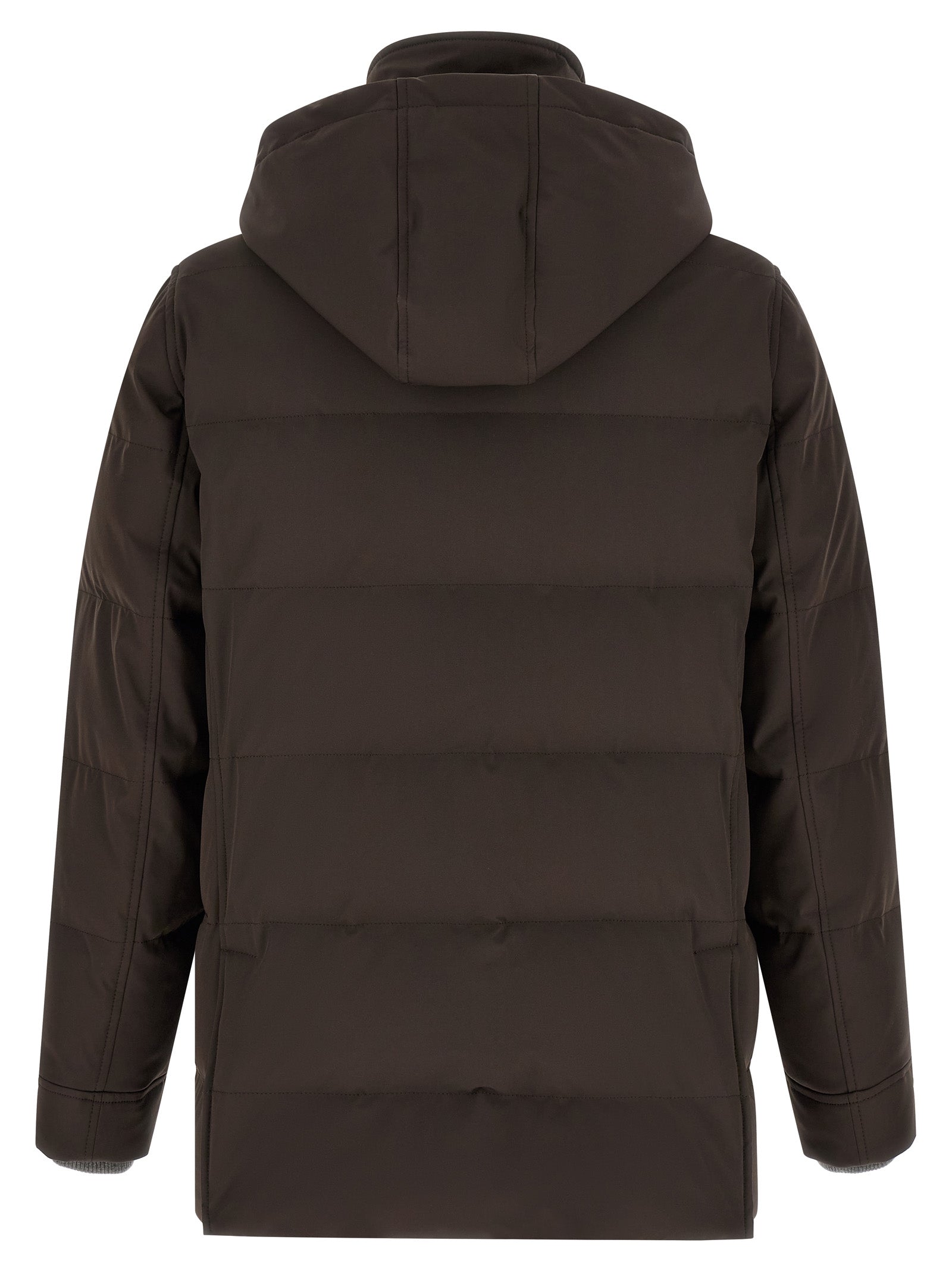 This Hooded Parka by Brunello Cucinelli for men in nylon & goose-down brown, gray & silver presents a utilitarian silhouette, meticulously detailed with thermal, pockets, hooded & insulated and a utilitarian hooded split high-neck neckline for a sophisticated, weather-ready look.