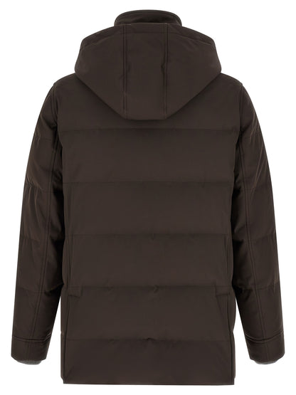 This Hooded Parka by Brunello Cucinelli for men in nylon & goose-down brown, gray & silver presents a utilitarian silhouette, meticulously detailed with thermal, pockets, hooded & insulated and a utilitarian hooded split high-neck neckline for a sophisticated, weather-ready look.