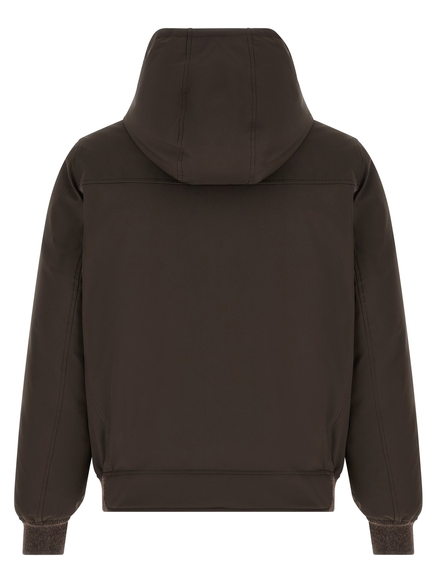 Hooded Puffer Jacket by Brunello Cucinelli for men in nylon goose-down cashmere & lambskin leather brown showcases a bohemian silhouette, artfully detailed with a bohemian hooded neckline and signature thermal, pockets, hooded & insulated for a truly bohemian finish.