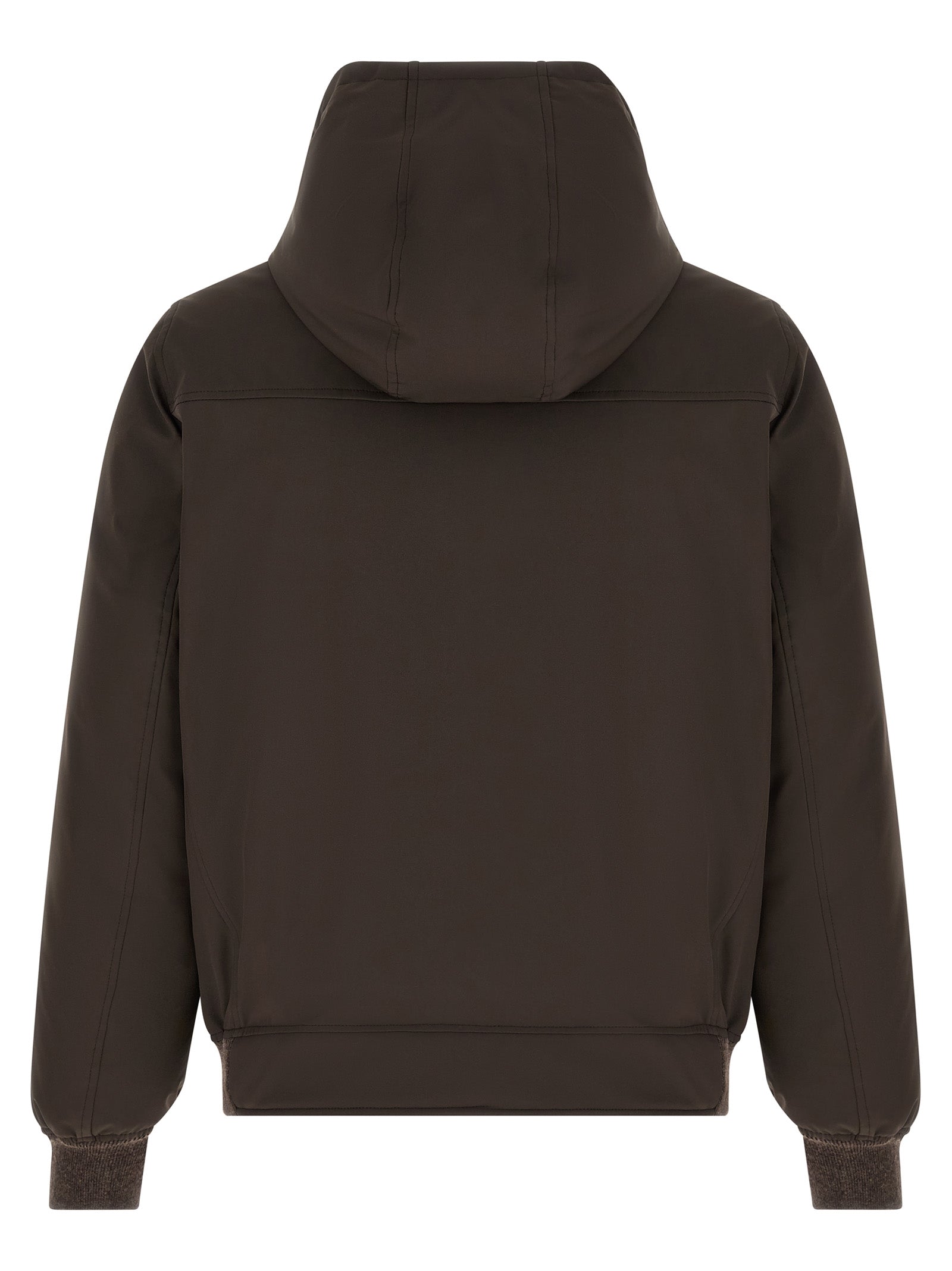 Hooded Puffer Jacket by Brunello Cucinelli for men in nylon goose-down cashmere & lambskin leather brown showcases a bohemian silhouette, artfully detailed with a bohemian hooded neckline and signature thermal, pockets, hooded & insulated for a truly bohemian finish.