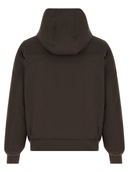 Hooded Puffer Jacket by Brunello Cucinelli for men in nylon goose-down cashmere & lambskin leather brown showcases a bohemian silhouette, artfully detailed with a bohemian hooded neckline and signature thermal, pockets, hooded & insulated for a truly bohemian finish.