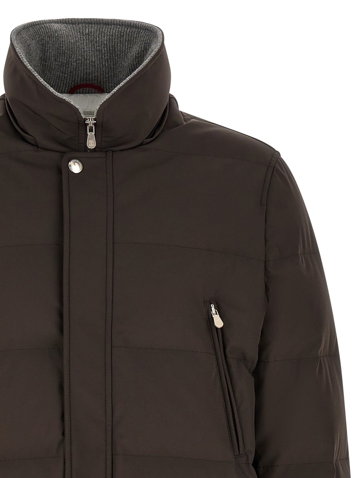 Hooded Parka by Brunello Cucinelli for men in nylon & goose-down brown, gray & silver presents a decadent silhouette, showcasing the decadent hooded split high-neck neckline and functional thermal, pockets, hooded & insulated for a premium, weather-ready look.