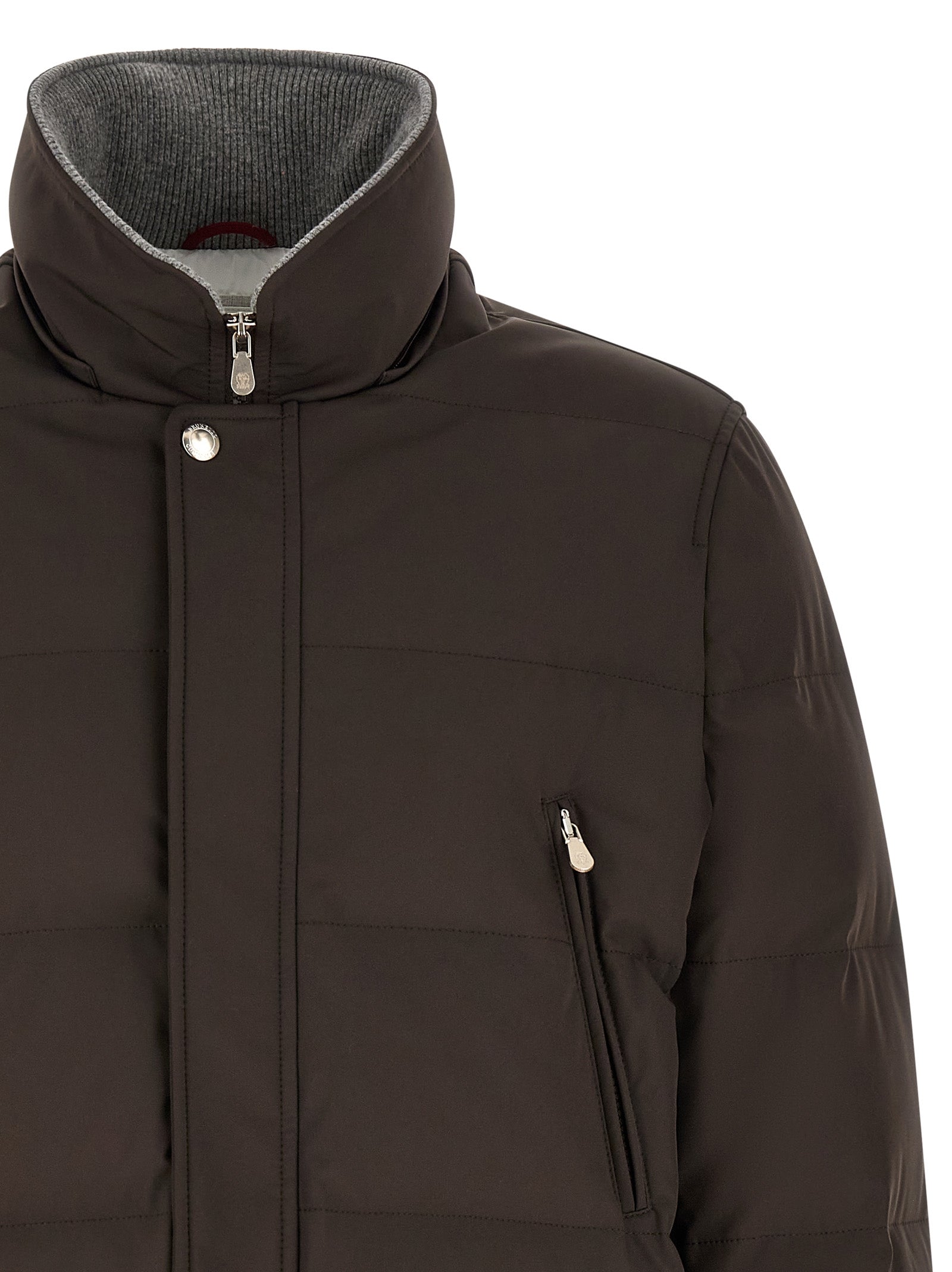 Hooded Parka by Brunello Cucinelli for men in nylon & goose-down brown, gray & silver presents a decadent silhouette, showcasing the decadent hooded split high-neck neckline and functional thermal, pockets, hooded & insulated for a premium, weather-ready look.