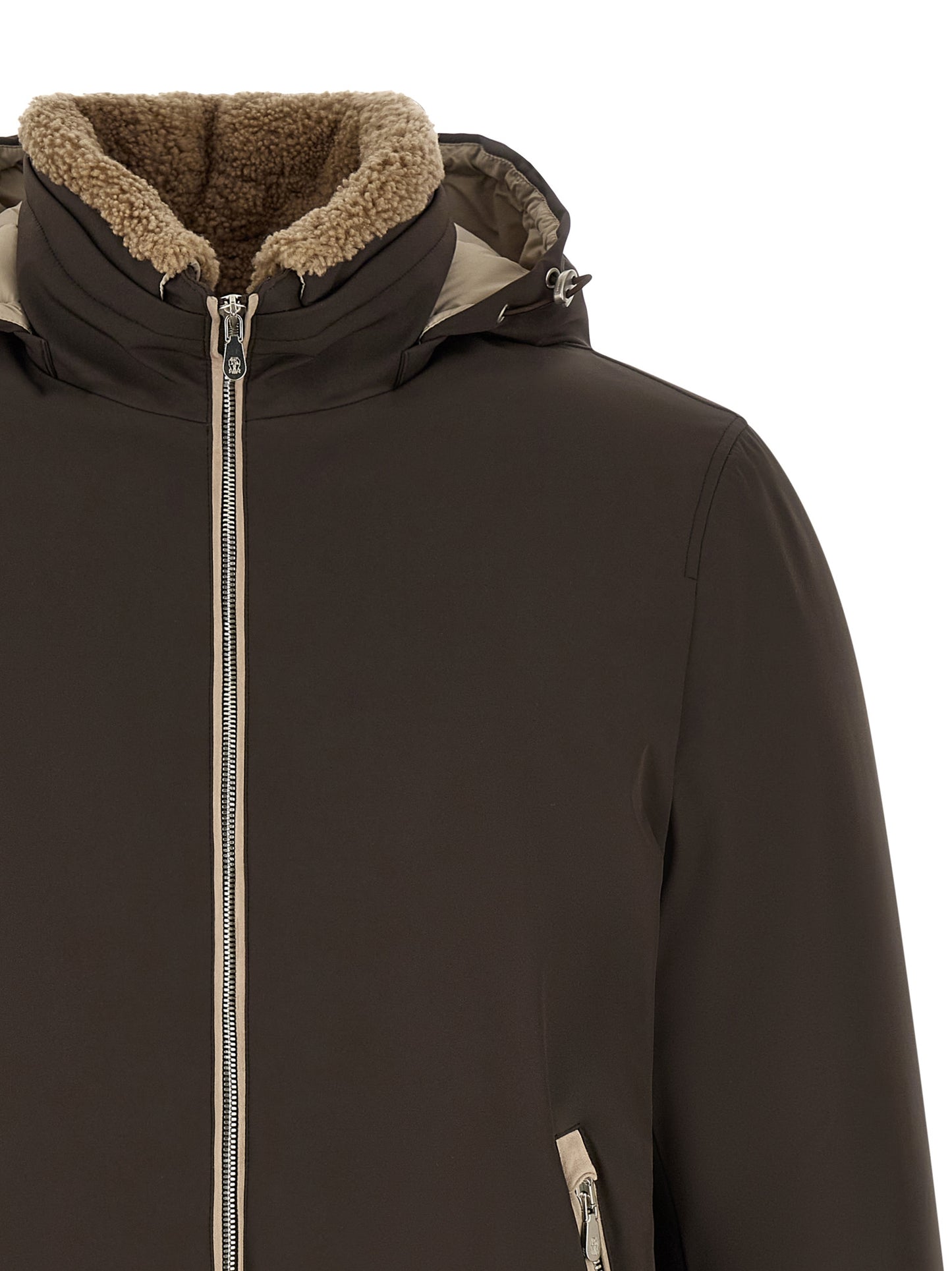 Hooded Puffer Jacket by Brunello Cucinelli for men in nylon goose-down cashmere & lambskin leather brown presents a effortlessly chic silhouette, showcasing a sophisticated hooded neckline and premium thermal, pockets, hooded & insulated for a truly effortlessly chic finish.
