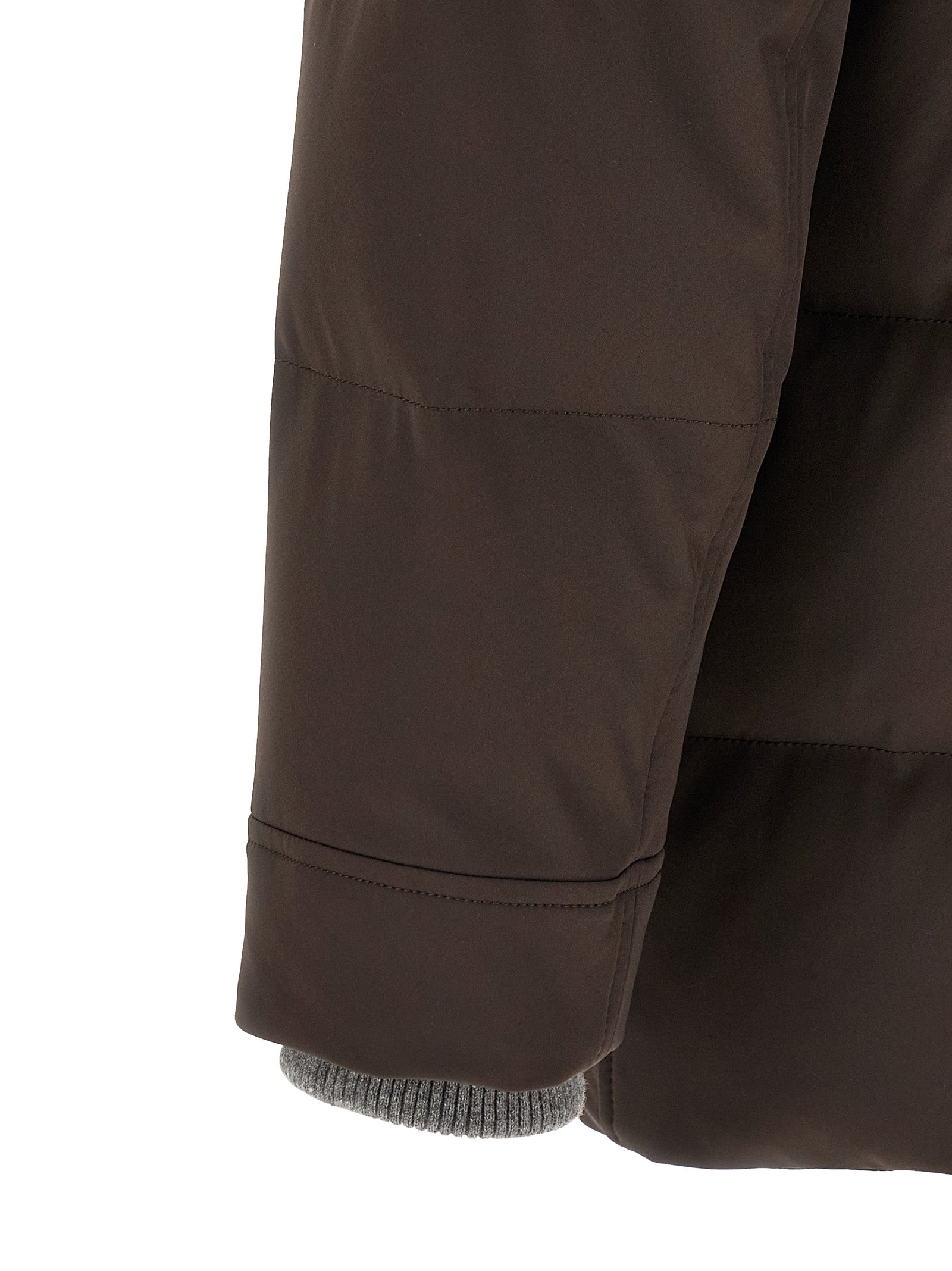 Hooded Parka by Brunello Cucinelli for men in nylon & goose-down brown, gray & silver features an avant garde silhouette, showcasing refined thermal, pockets, hooded & insulated and a sophisticated for a polished look.