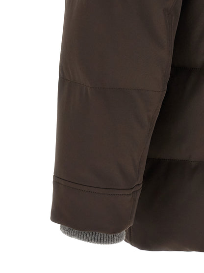 Hooded Parka by Brunello Cucinelli for men in nylon & goose-down brown, gray & silver features an avant garde silhouette, showcasing refined thermal, pockets, hooded & insulated and a sophisticated for a polished look.