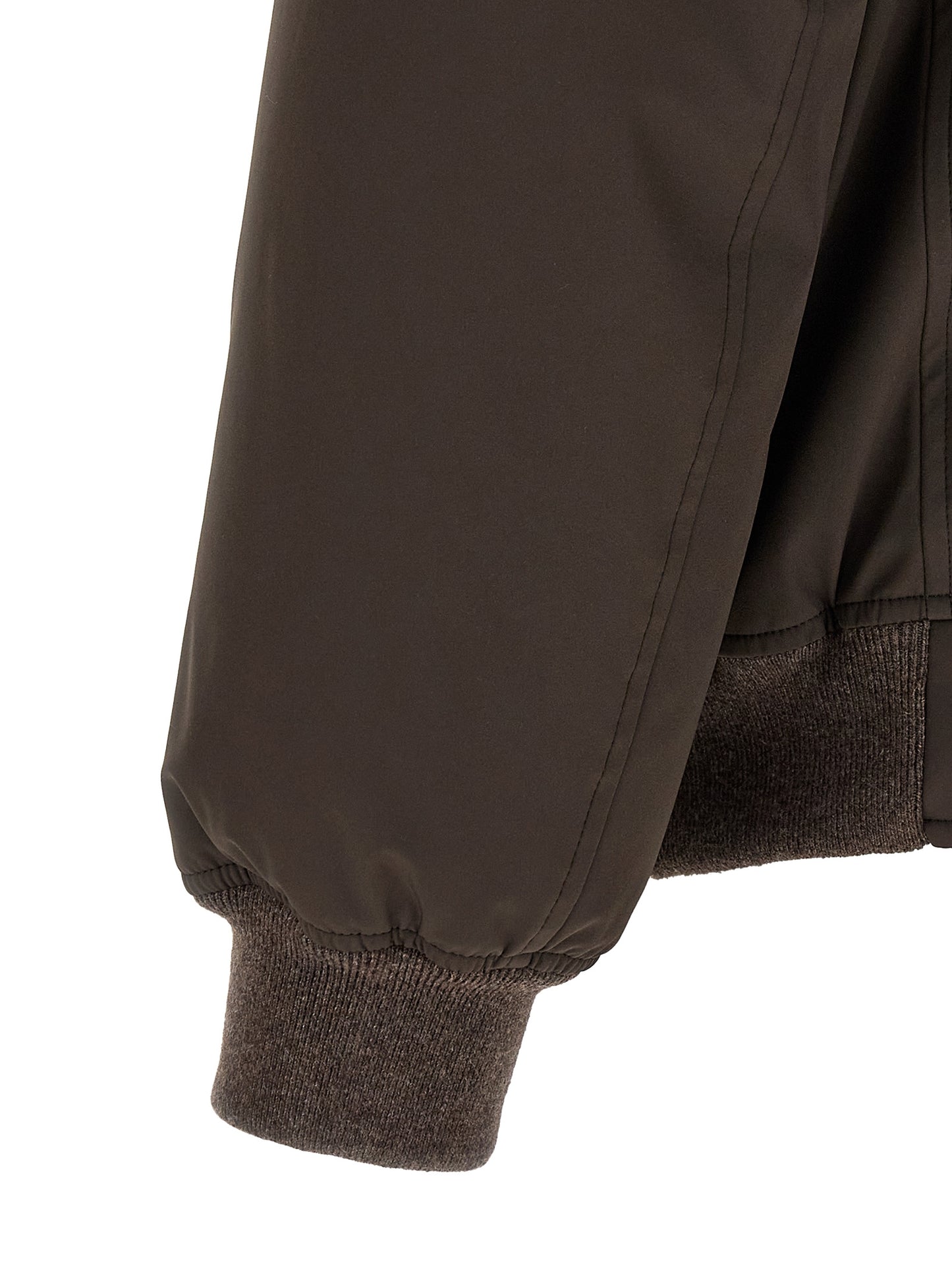 Hooded Puffer Jacket by Brunello Cucinelli for men in nylon goose-down cashmere & lambskin leather brown features a dramatic silhouette, showcasing a sophisticated and distinctive thermal, pockets, hooded & insulated for a dramatic aesthetic.