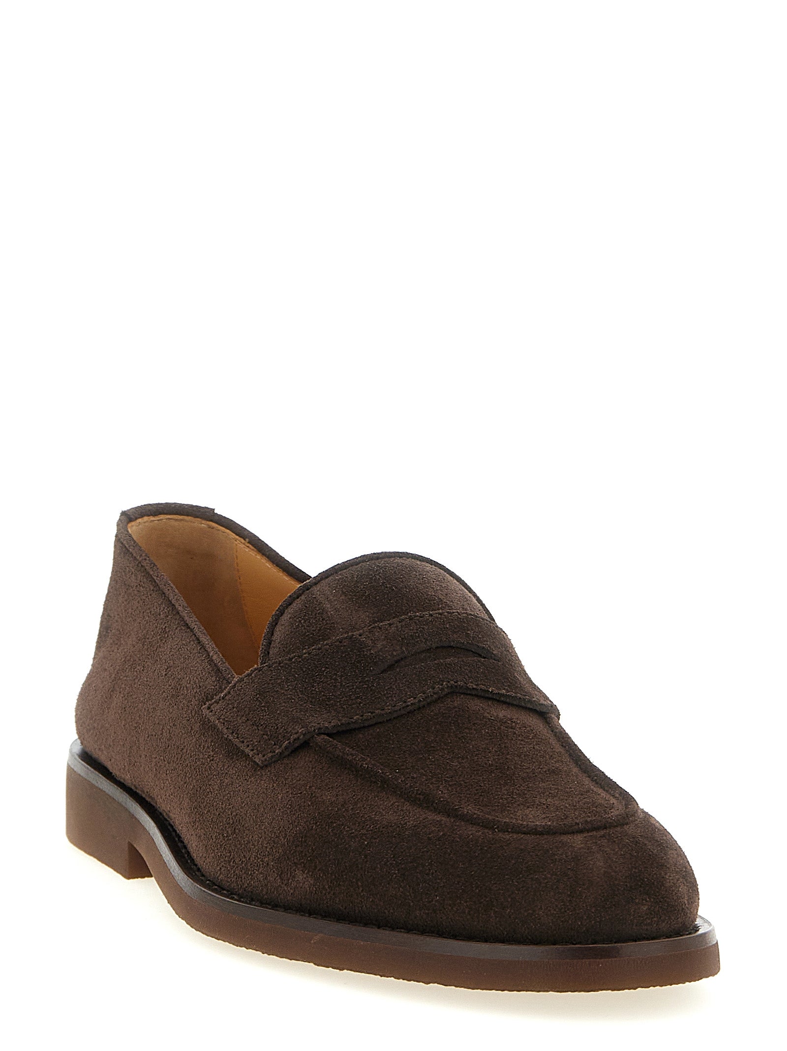 Loafer Slip-On Shoes by Brunello Cucinelli for men in calfskin suede leather brown & gold features an ergonomic silhouette, perfectly showcasing Men's Calfskin Suede Leather Loafer Slip-On Shoes with its distinct and elegant .