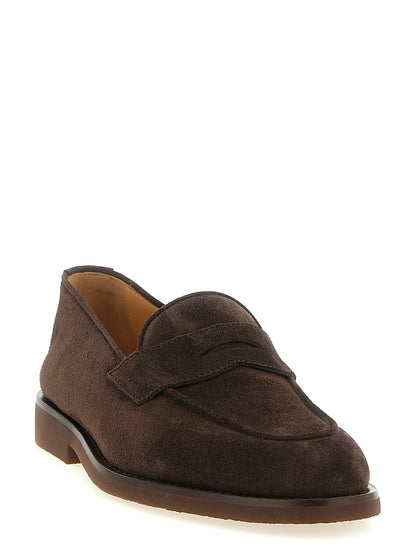 Loafer Slip-On Shoes by Brunello Cucinelli for men in calfskin suede leather brown & gold features an ergonomic silhouette, perfectly showcasing Men's Calfskin Suede Leather Loafer Slip-On Shoes with its distinct and elegant .