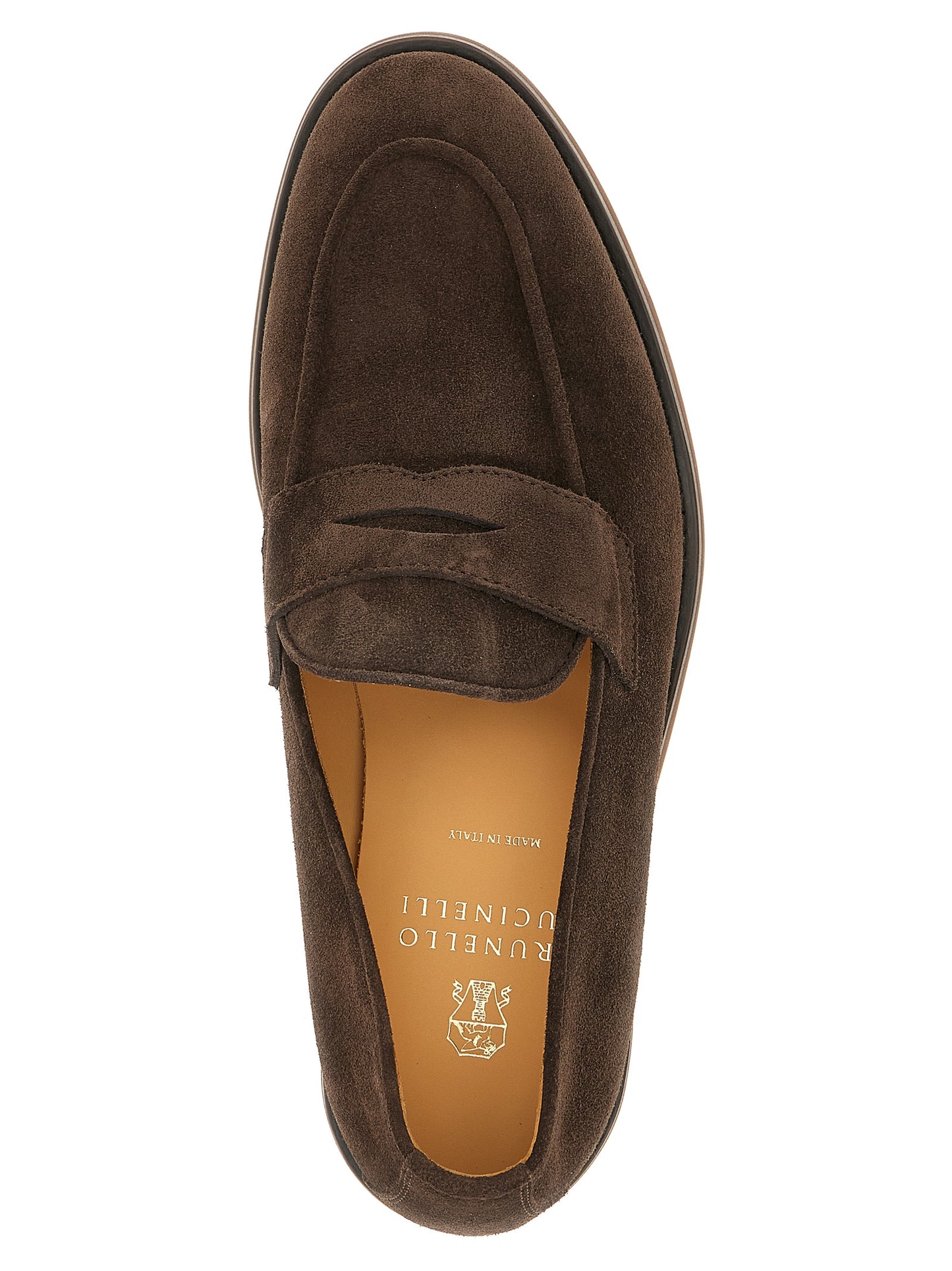 Loafer Slip-On Shoes by Brunello Cucinelli for men in calfskin suede leather brown & gold features an effortless chic silhouette, showcasing the Men's Calfskin Suede Leather Loafer Slip-On Shoes design with an effortless chic and a for a effortless chic look.