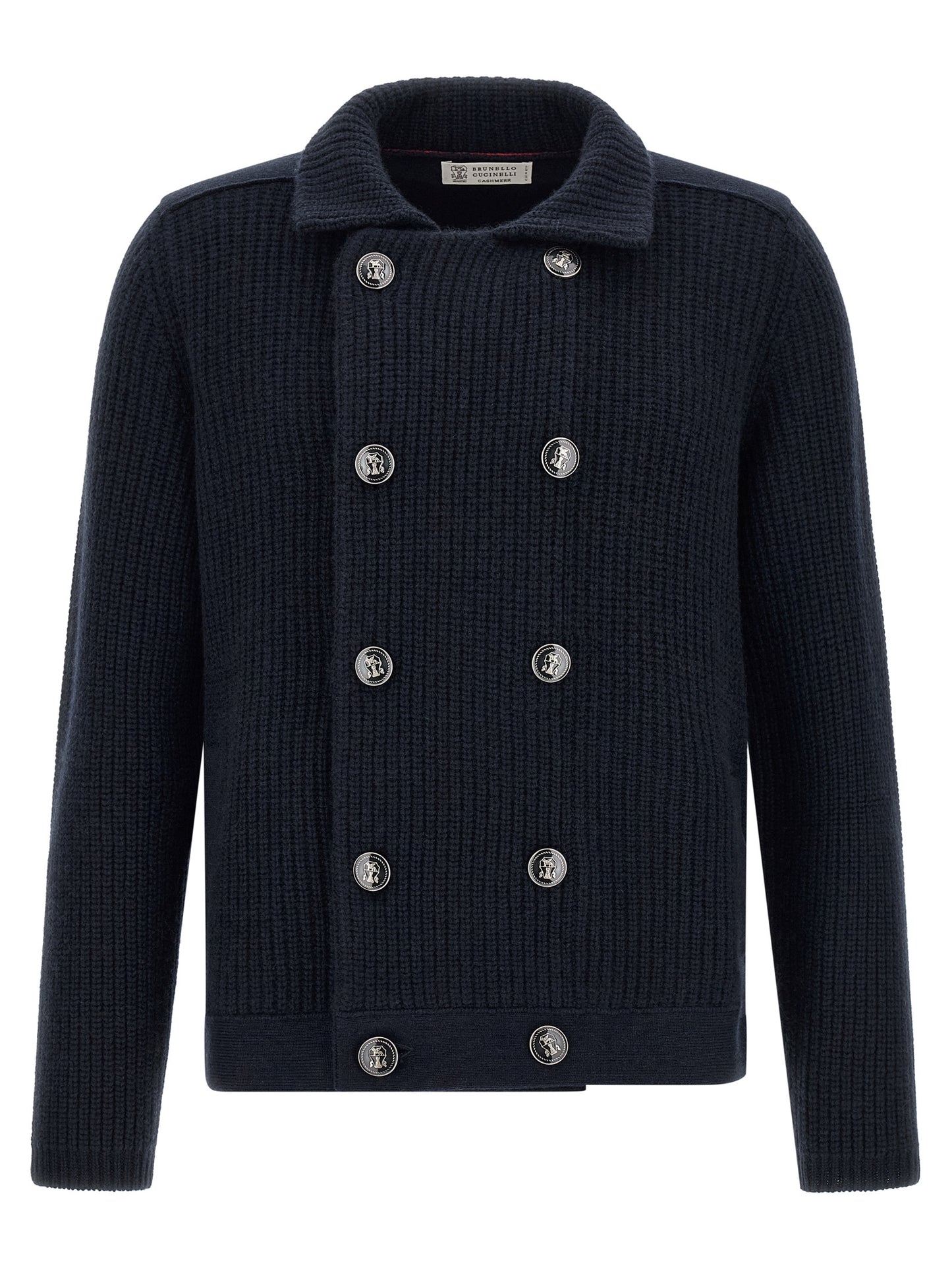 Cardigan by Brunello Cucinelli for men in cashmere navy features a dramatic silhouette, showcasing a sophisticated shirt-collar neckline and dramatic detail for a timeless, premium look.