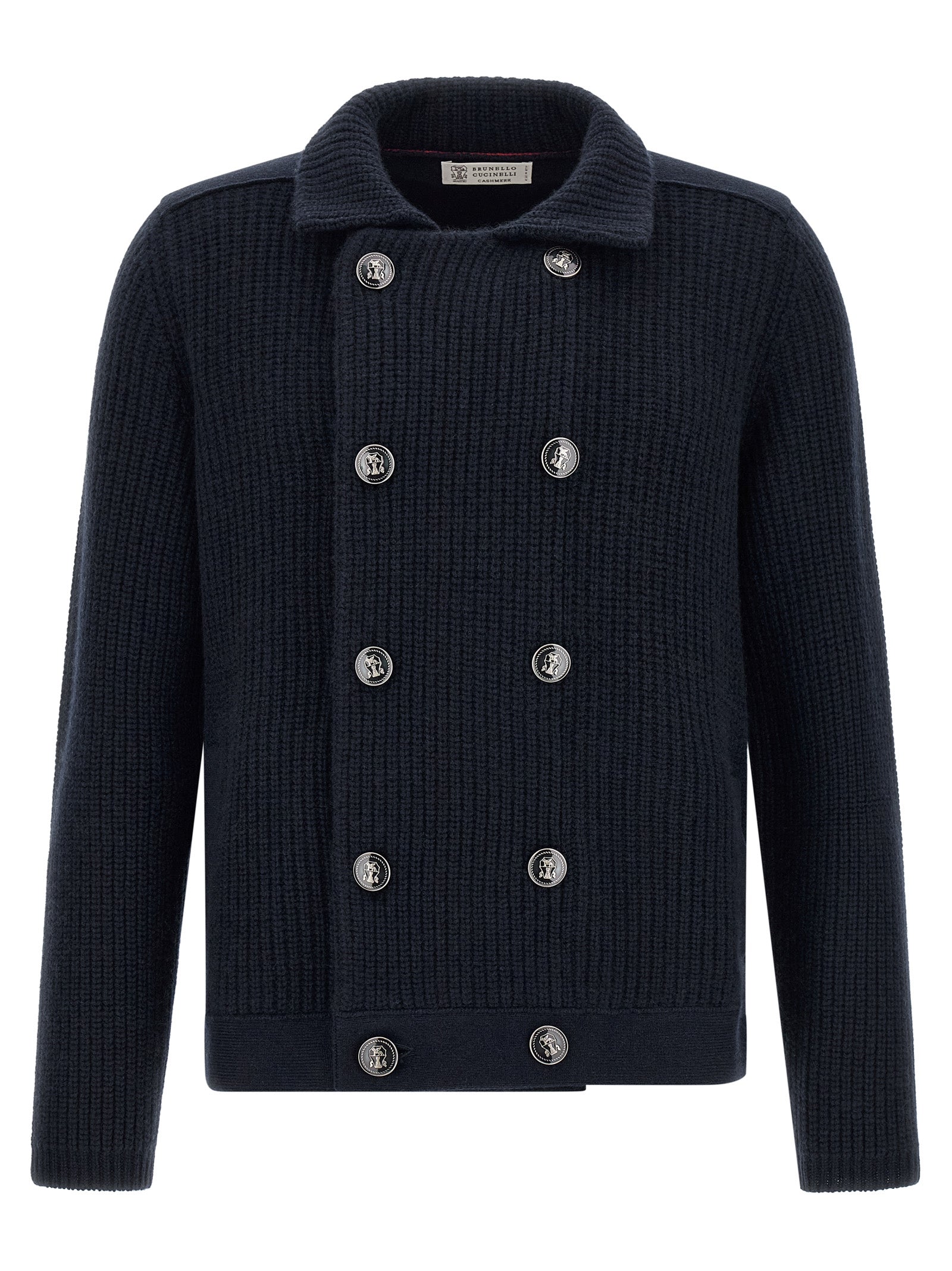 Cardigan by Brunello Cucinelli for men in cashmere navy features a dramatic silhouette, showcasing a sophisticated shirt-collar neckline and dramatic detail for a timeless, premium look.