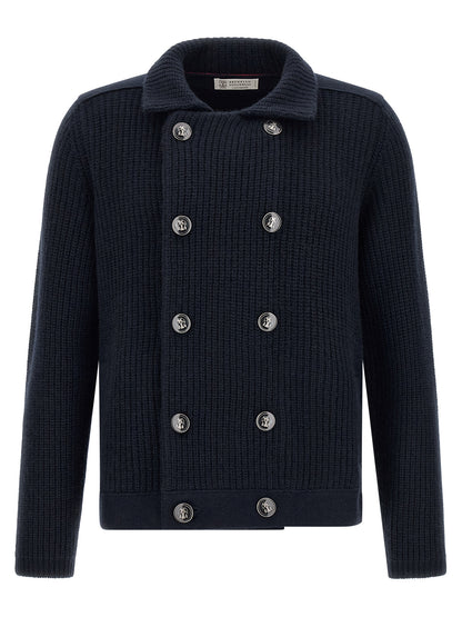 Cardigan by Brunello Cucinelli for men in cashmere navy features a dramatic silhouette, showcasing a sophisticated shirt-collar neckline and dramatic detail for a timeless, premium look.