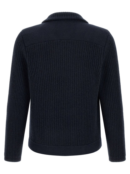 Cardigan by Brunello Cucinelli for men in cashmere navy features a nuanced silhouette with a refined shirt-collar neckline and nuanced detailing for a sophisticated look.