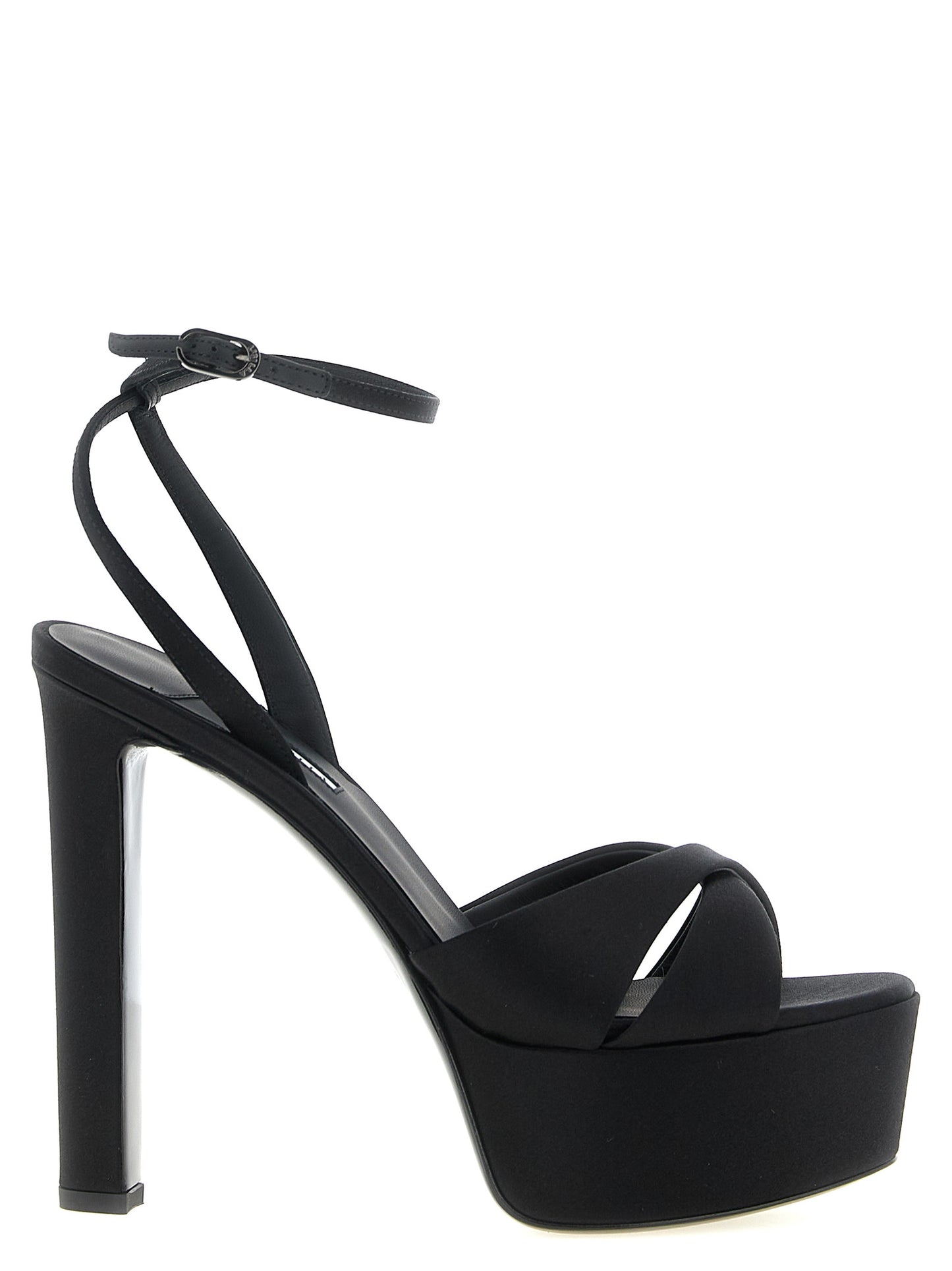 Platform Stiletto Ankle Strap Sandals by LE SILLA for women in viscose silk & leather black features an effortlessly chic silhouette from the Women's Viscose Silk & Leather Platform Stiletto Ankle Strap Sandals collection, showcasing a effortlessly chic stiletto platform and elegant .