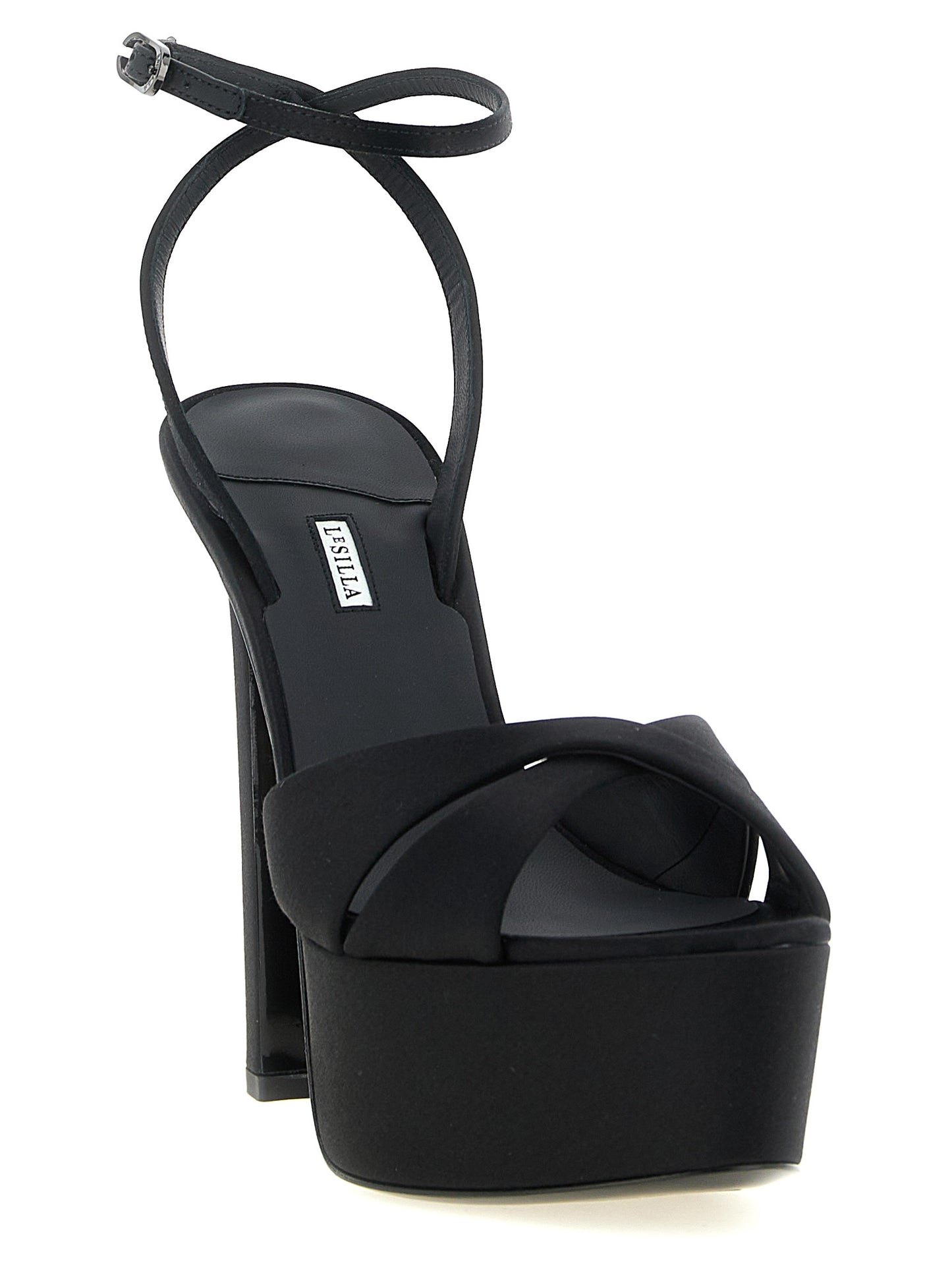 Platform Stiletto Ankle Strap Sandals by LE SILLA for women in viscose silk & leather black features an architectural design from the Women's Viscose Silk & Leather Platform Stiletto Ankle Strap Sandals collection, defined by a architectural stiletto platform and for a architectural finish.