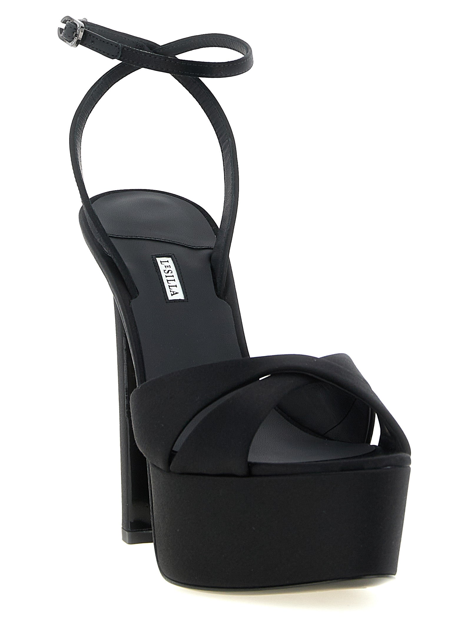 Platform Stiletto Ankle Strap Sandals by LE SILLA for women in viscose silk & leather black features an architectural design from the Women's Viscose Silk & Leather Platform Stiletto Ankle Strap Sandals collection, defined by a architectural stiletto platform and for a architectural finish.