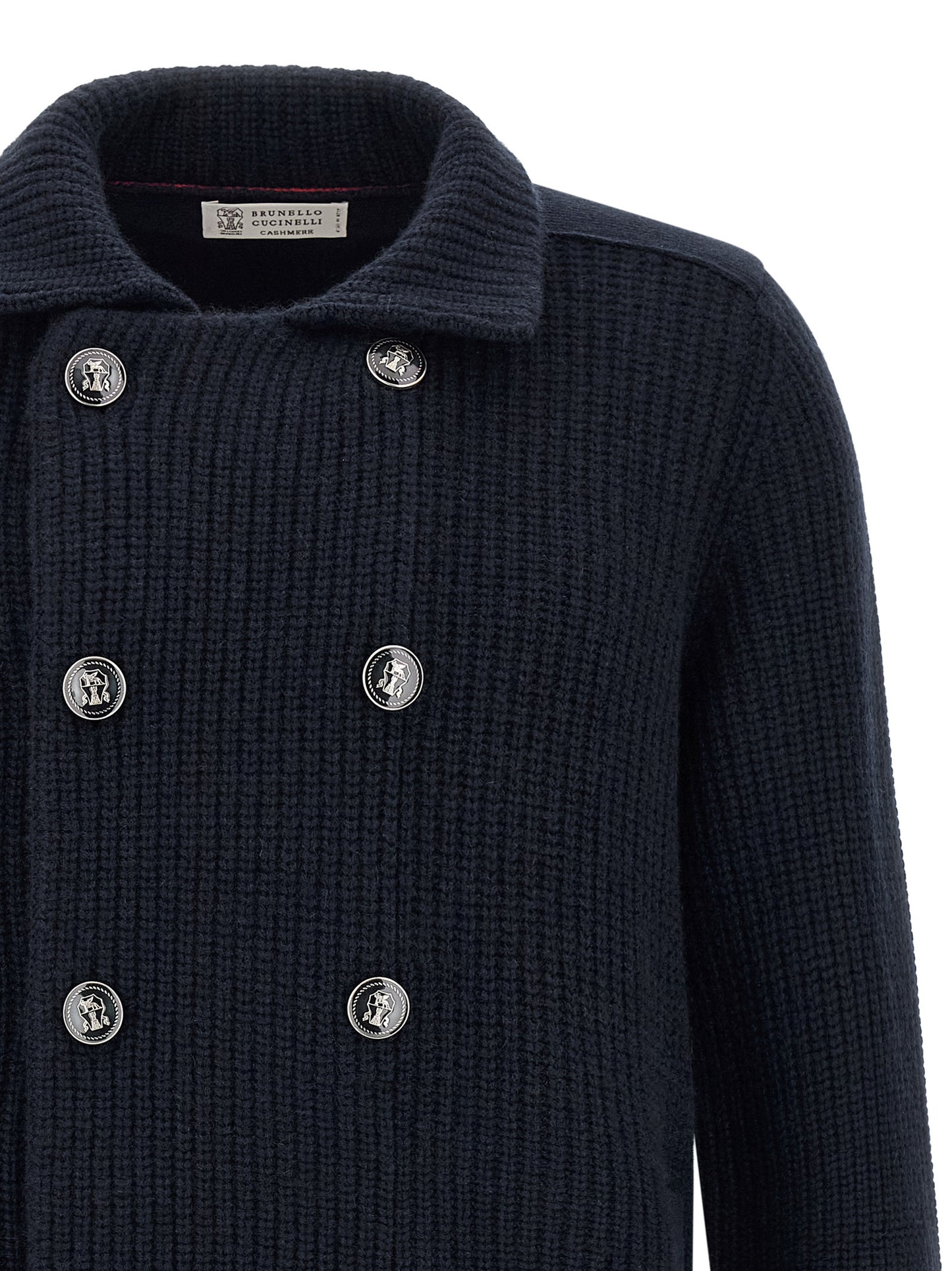 Cardigan by Brunello Cucinelli for men in cashmere navy presents a textural silhouette, artfully finished with a textural shirt-collar neckline and for a sophisticated, textural look.