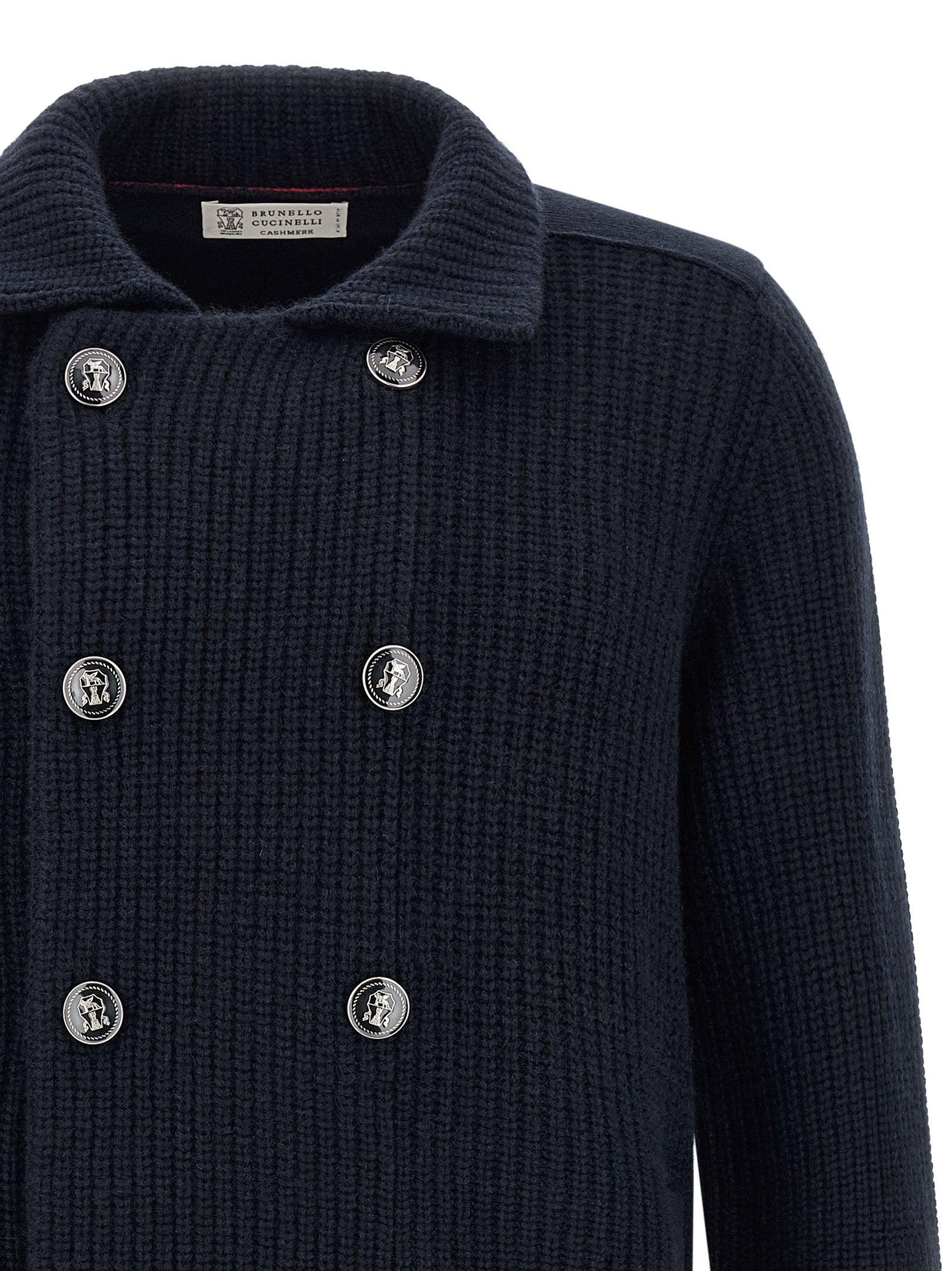 Cardigan by Brunello Cucinelli for men in cashmere navy presents a textural silhouette, artfully finished with a textural shirt-collar neckline and for a sophisticated, textural look.