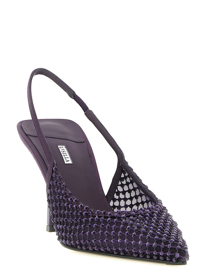High-Heel Stiletto Slingback Pumps Heels by LE SILLA for women in satin polyester leather & mesh purple & transparent features a effortlessly chic Women's Satin Polyester Leather & Mesh High-Heel Stiletto Slingback Pumps Heels design with a sophisticated stiletto high-heel and elegant .